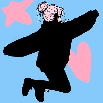 realistic girl jumping with a bun and oversized sweatshirt
