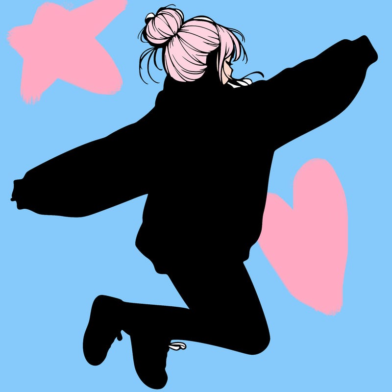 realistic girl jumping with a bun and oversized sweatshirt