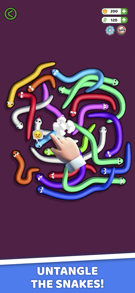 Tangled Snakes - A hand points at a colorful pile of tangled snakes in a mobile puzzle game