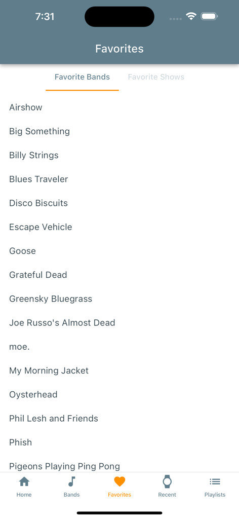 Taper's Section - A list of favorite jam bands including Grateful Dead and Phish on the Taper's Section app favorites screen