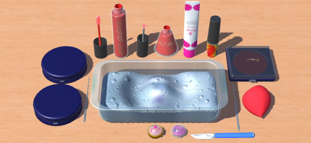 Makeup Slime Game! Relaxation - Slime azul en un recipiente rodeado de artículos y herramientas de maquillaje