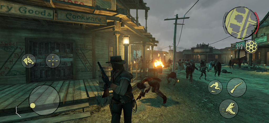 John Marston luchando contra zombis en un pueblo del Oeste en Red Dead Redemption Undead Nightmare en móvil