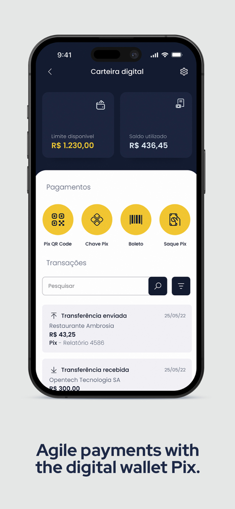Interface da carteira digital do aplicativo Paytrack mostrando saldo da conta, opções de pagamento Pix e histórico de transações recentes