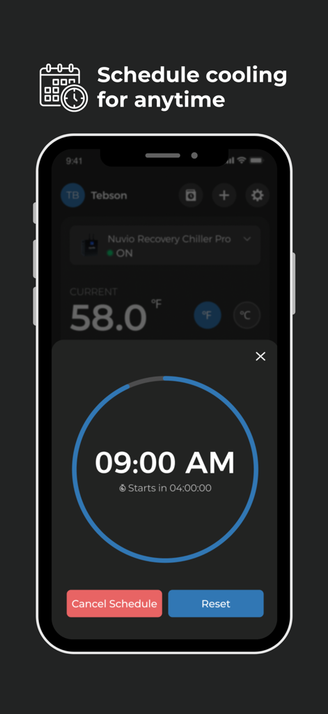 Nuvio - Nuvio mobile app interface showing a scheduled cooling session for a cold plunge