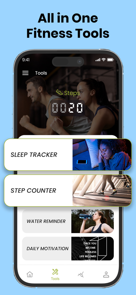 FitZay app dashboard showing fitness tools including sleep tracker step counter and water reminder