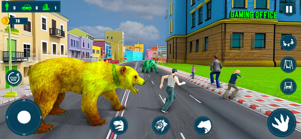 A yellow bear character in a city street chasing people in the Jurassic Dinosaur Survival mobile game.