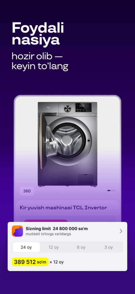 Uzum Market:Online Marketplace - Uzum Market app interface showing a washing machine with installment payment options