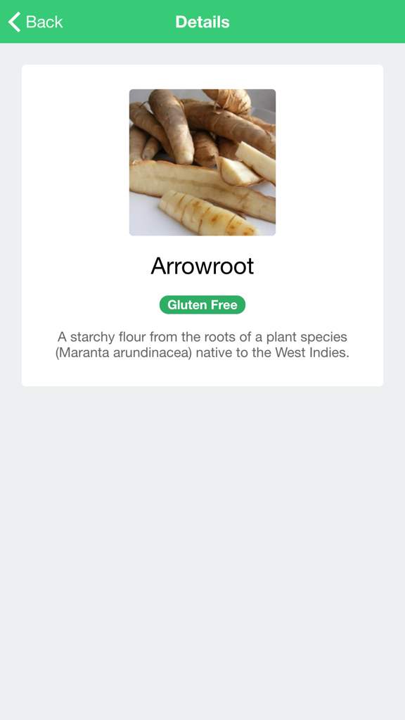 Gluten Free 24/7 - Gluten Free 24-7 앱에서 화살비름 성분에 대한 세부 정보 화면으로 글루텐이 없음을 보여줌