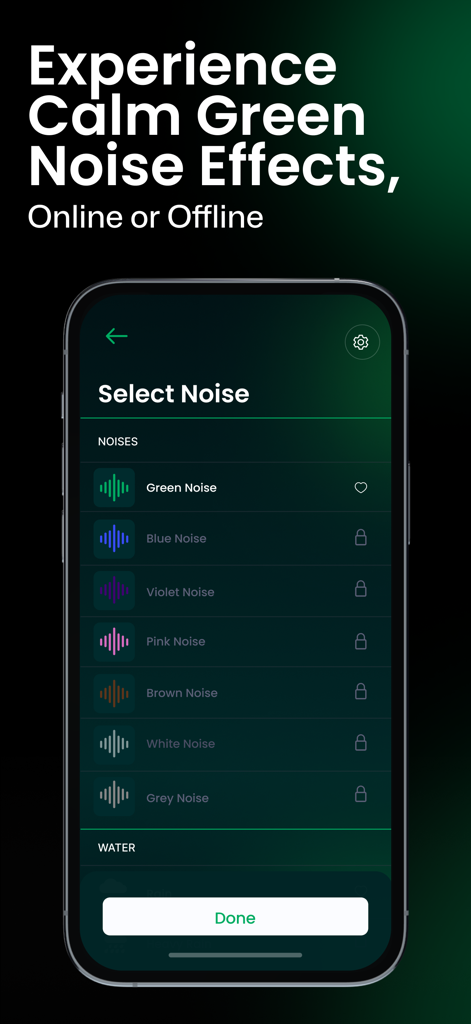 La pantalla de selección de sonido de la App Ruido Verde con varias opciones de ruido de colores