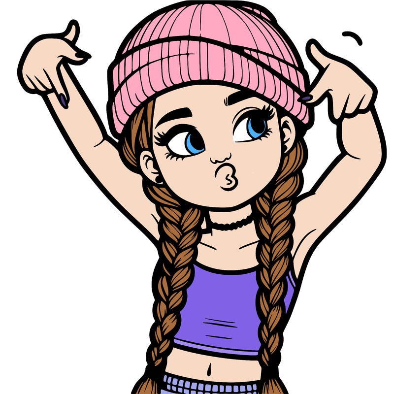 realistic teenage girl with braids and a beanie and crop top doing 🫶🏼
