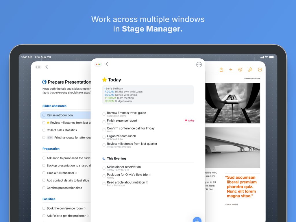 L'application Things 3 pour iPad affiche plusieurs fenêtres de tâches dans Stage Manager.