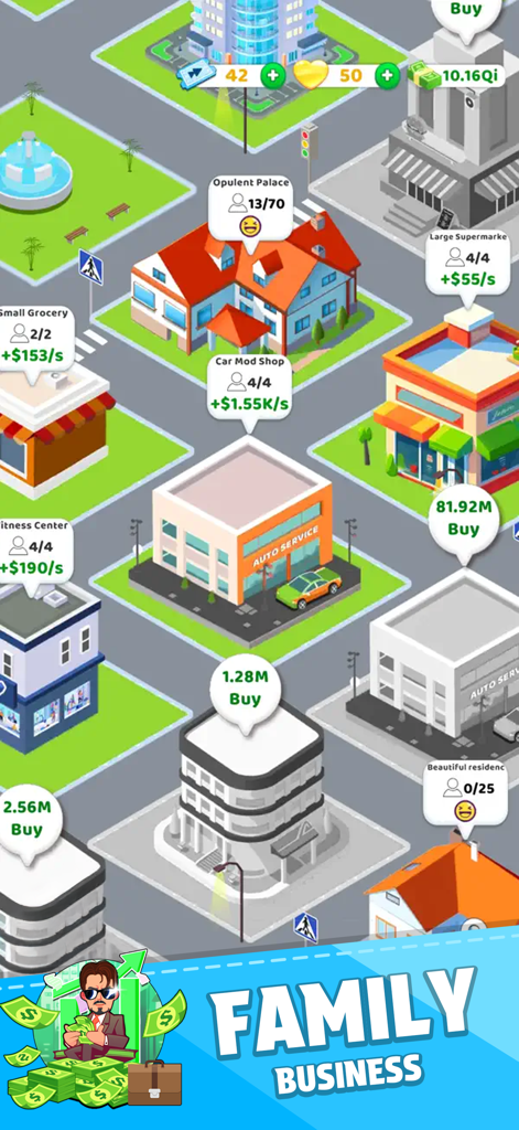 Family Life! - Isometric city view in Family Life game showing business management and real estate upgrades
