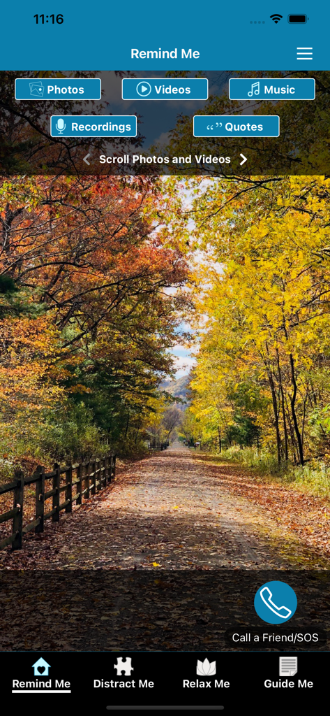 Virtual Hope Box (new) - The Remind Me screen of the Virtual Hope Box app featuring a calming autumn forest photo and menu options for personal photos videos and music