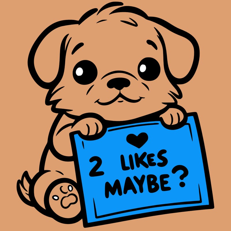 a puppy holding a sign that says 2 likes maybe?