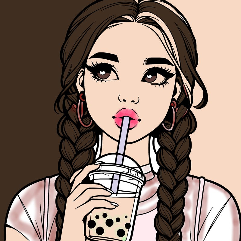 realistic girl with braided hair drinking boba
