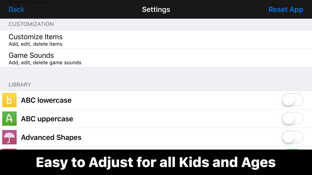 Montessori Matching Board - Settings screen for Montessori Matching Board app showing customization options and game library