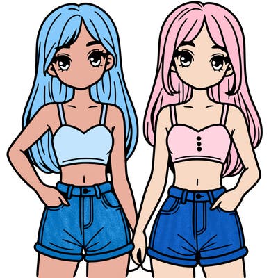 two sisters with crop tops and jean shorts and straight hair