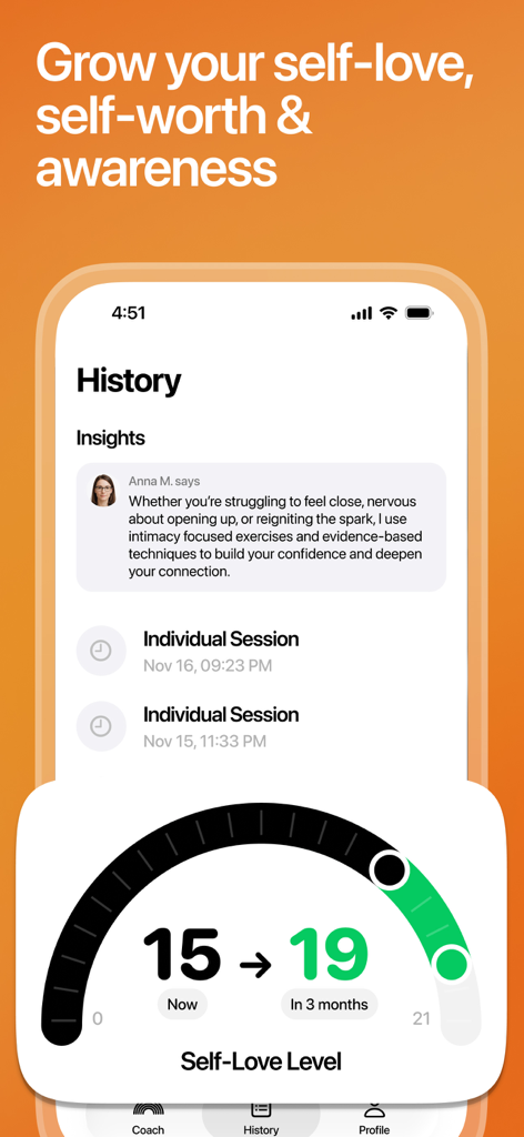 Lovon app history screen displaying session logs and a self love level progress gauge