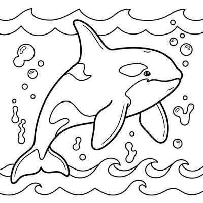 Bring this majestic orca to life with your favorite colors! This delightful killer whale coloring page, surrounded by gentle waves and playful bubbles, is perfect for young marine life enthusiasts.
