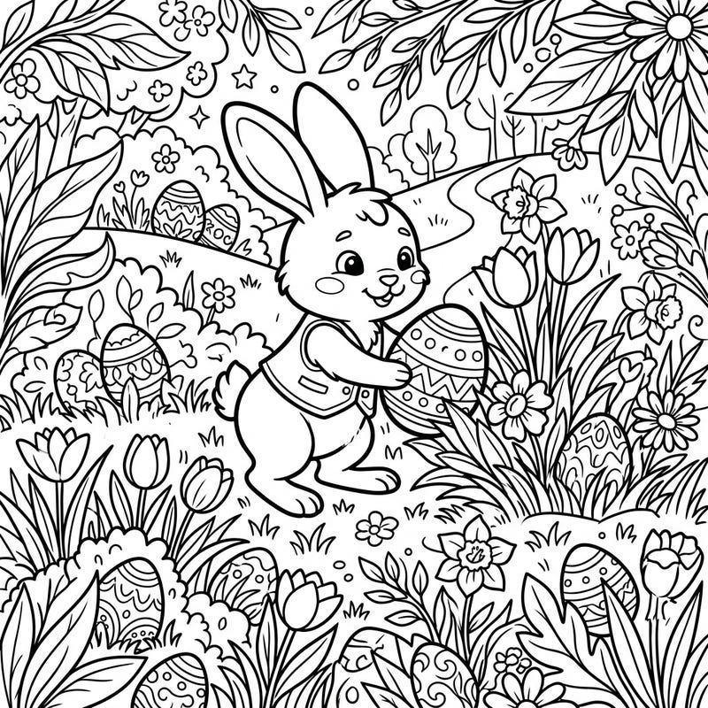 Celebrate Easter with this charming coloring page featuring a delightful bunny carefully hiding beautifully decorated eggs. Immerse yourself in a festive scene filled with spring flowers and hidden treasures, perfect for all ages.