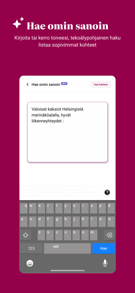 Etuovi.com - Interface of the Etuovi.com app featuring an AI-powered natural language property search tool