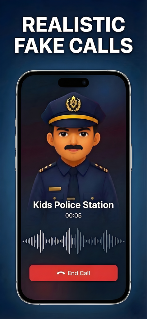 Kids Police: Fake Call Prank - A realistic fake police call screen on a smartphone showing a cartoon police officer avatar and call duration