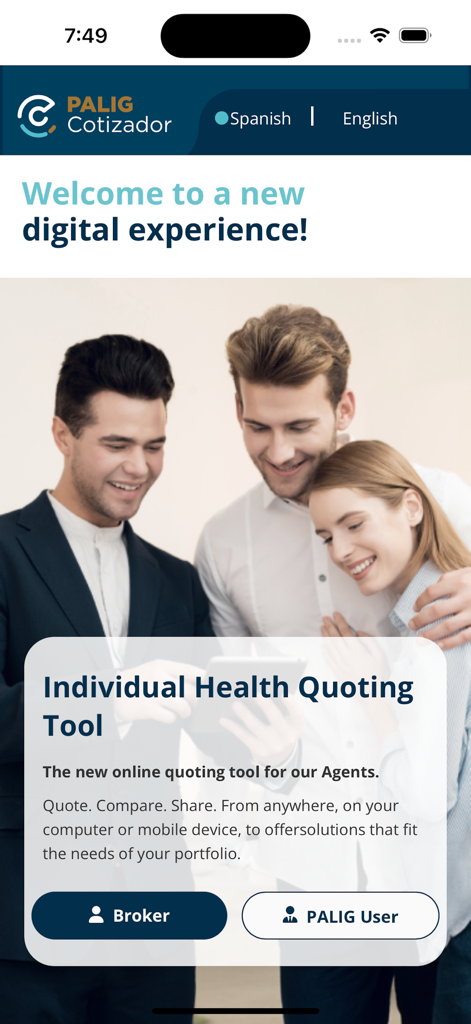 PALIG Cotizador - Pantalla de bienvenida de la aplicación PALIG Cotizador para cotizar seguros de salud individuales