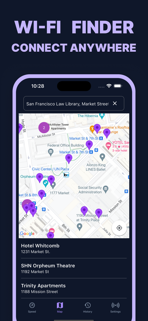 WiFi Connect: Internet & Speed - WiFi Finder map interface showing multiple hotspot locations in San Francisco.
