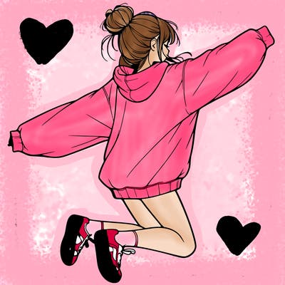 realistic girl jumping with a bun and oversized sweatshirt
