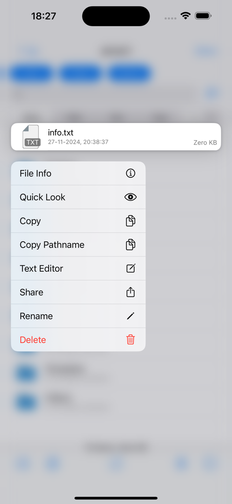 Secure Terminal - File management context menu in Secure Terminal app showing options for text editing and SFTP tasks