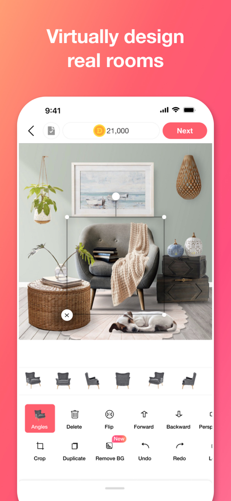 La interfaz de diseño de interiores de la aplicación Decor Matters que muestra herramientas de edición de muebles y una habitación decorada virtualmente.