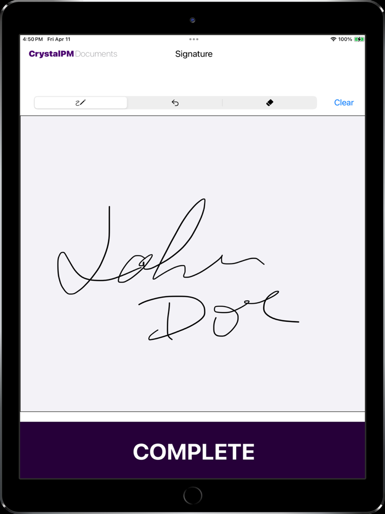 CrystalPM Signature Capture - CrystalPM Signature Capture app on iPad showing a signed digital document screen