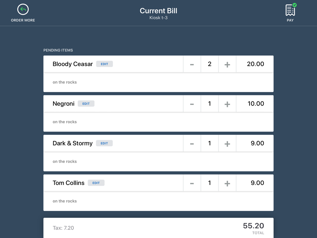 A digital bill interface on an iPad showing a list of cocktails ordered with options to edit quantities and pay.
