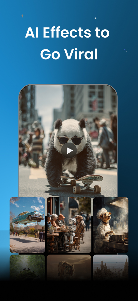 AI video generator app displaying viral creative effects including a panda on a skateboard and a robot in a cafe