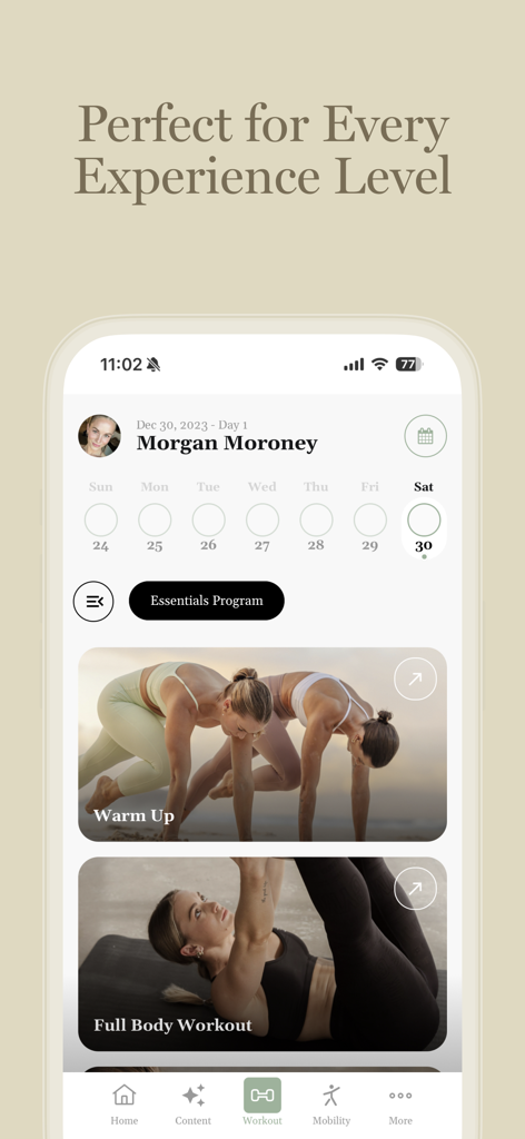 Culture of Motion - Culture of Motion app dashboard displaying daily fitness programs like warm ups and full body workouts for women