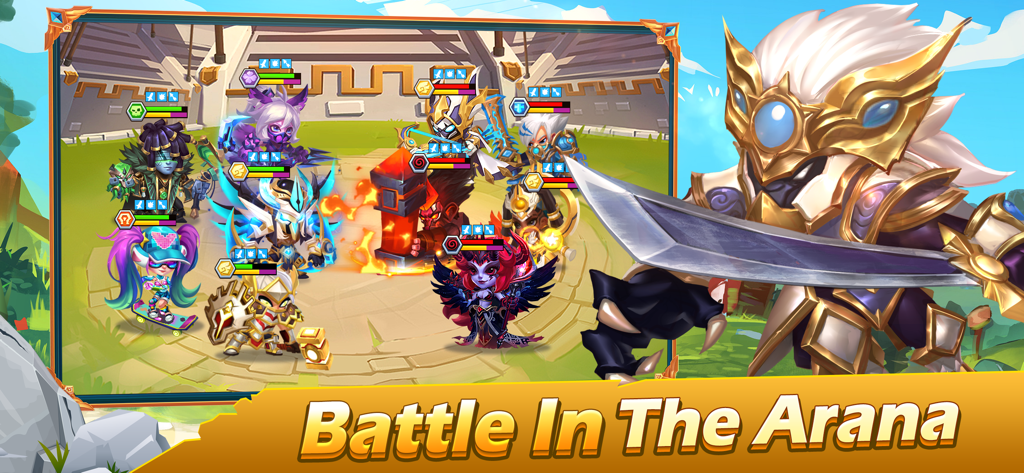 Stylized heroes engaging in a team battle within a PVP arena in Taptap Heroes