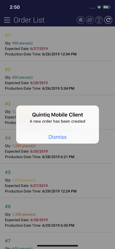 Quintiq app order list with a new order notification popup