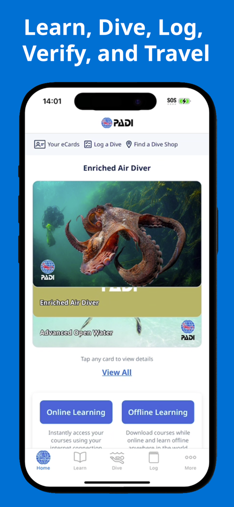 PADI app interface showing digital scuba diving eCards and learning features