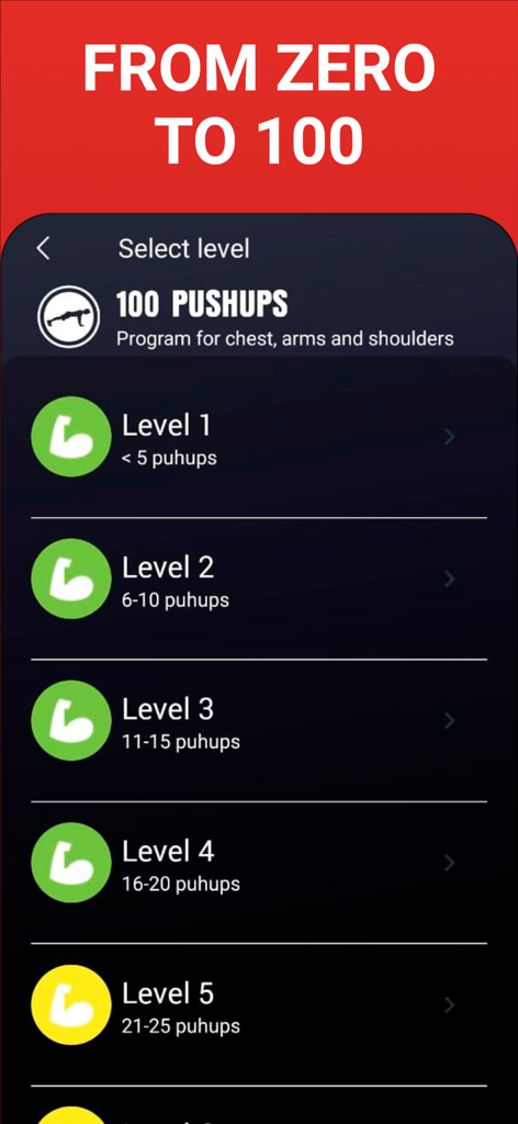 100 Pushups BeStronger Workout - Level selection menu for pushup training progression in the BeStronger app.