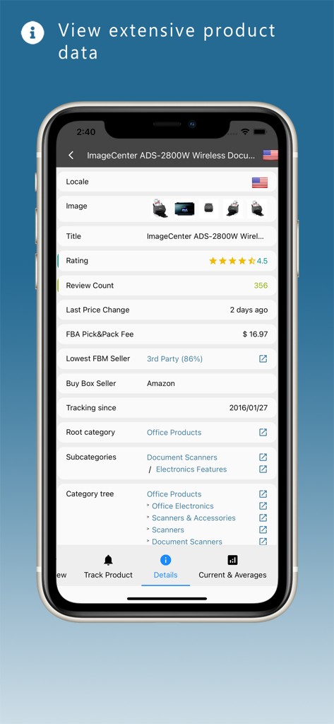Extensive product data showing ratings reviews and fees on Keepa price tracker app