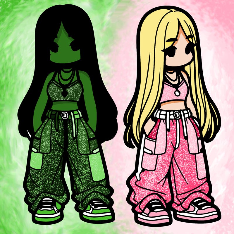 girl in baggy pants crop top and long hair