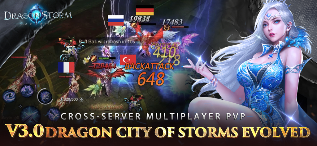 Dragon Storm Fantasy - Dragon Storm Fantasy game screenshot showing cross-server multiplayer PVP battle with international players and a white haired goddess character.