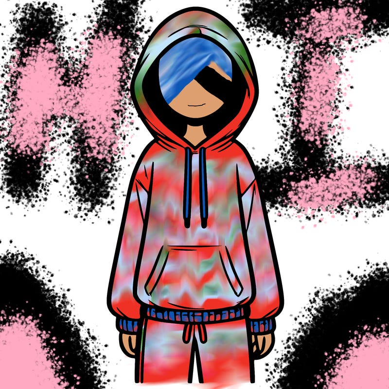 faceless girl in a tracksuit with a hood on and no hair