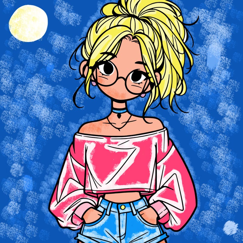 girl with a messy ponytail glasses a baggy crop top and jean shorts