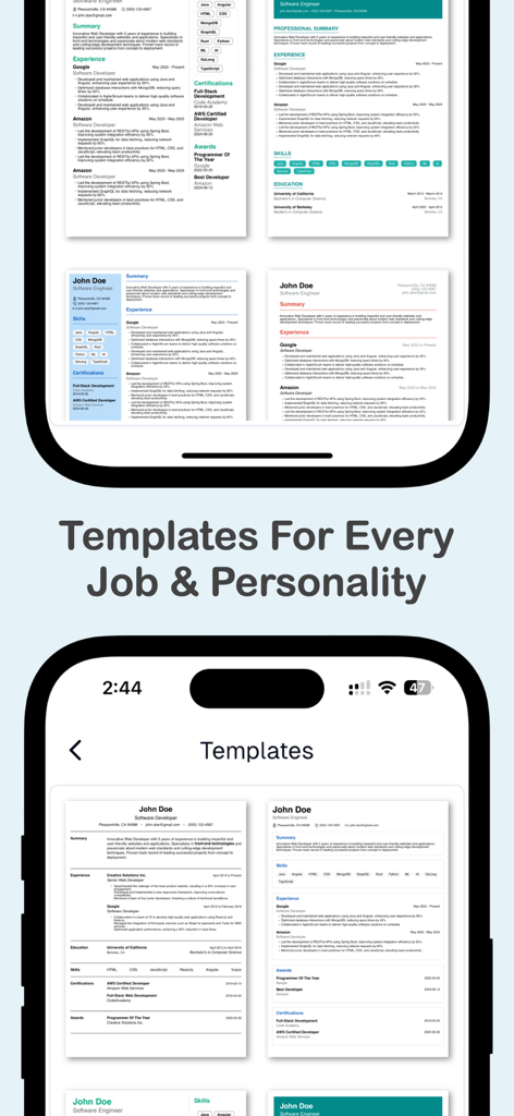 Mobile App-Oberfläche, die verschiedene professionelle und minimalistische Lebenslaufvorlagen zeigt