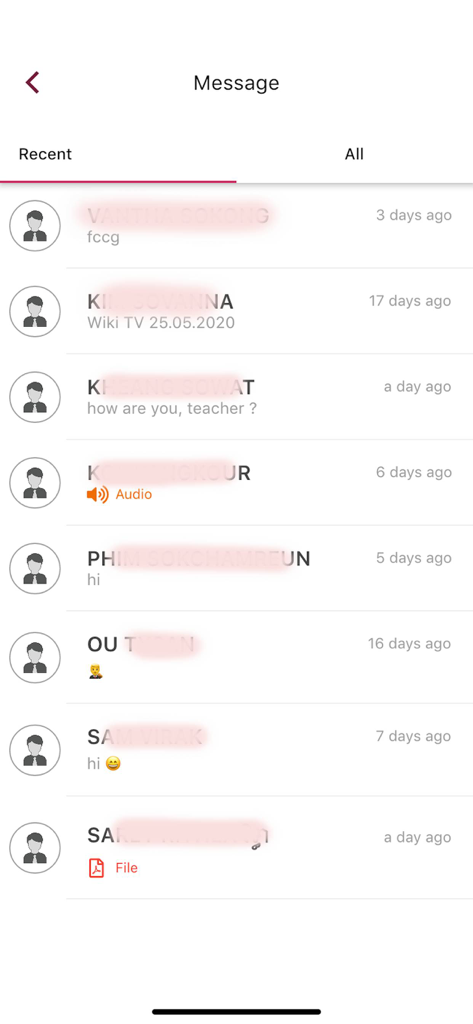 Messaging screen of the Wiki School Cambodia app showing a list of recent conversations between users