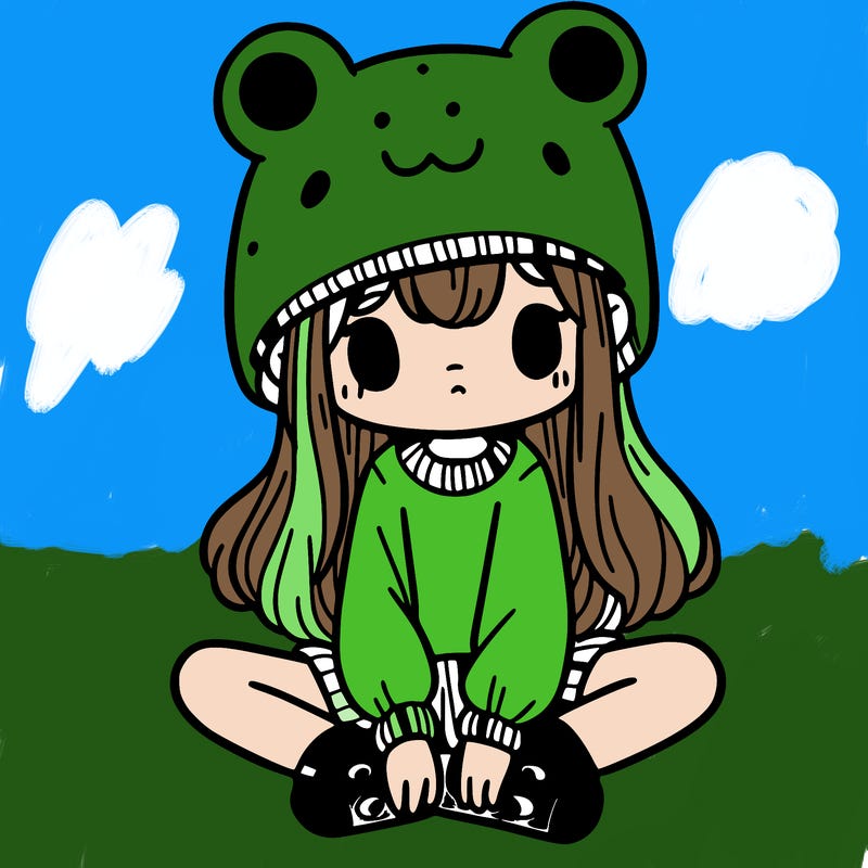 a girl wearing a frog hat and some frog socks