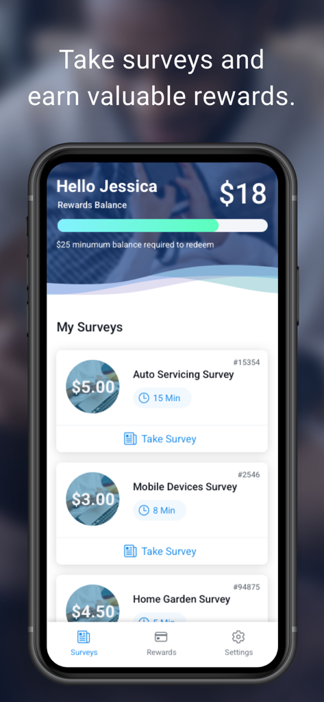 Product Report Card - Dashboard of the Product Report Card app showing a list of surveys with cash rewards and a user balance progress bar