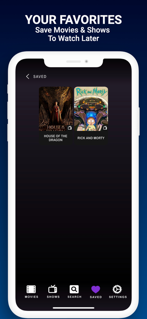 Flixtor app favorites screen showing a watchlist of saved movies and series