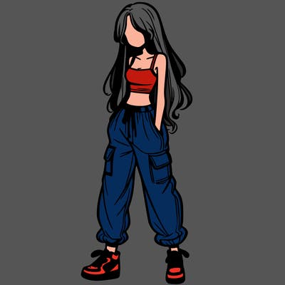 girl in baggy pants crop top and long hair